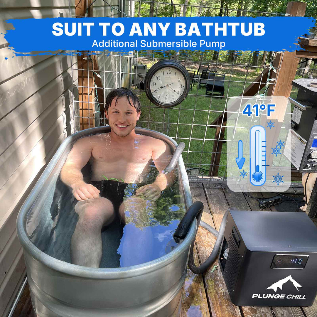 Smiling man in cold plunge, with Plunge Chill chiller (41°F). Adaptable for any ice tub, instant recovery, no ice.