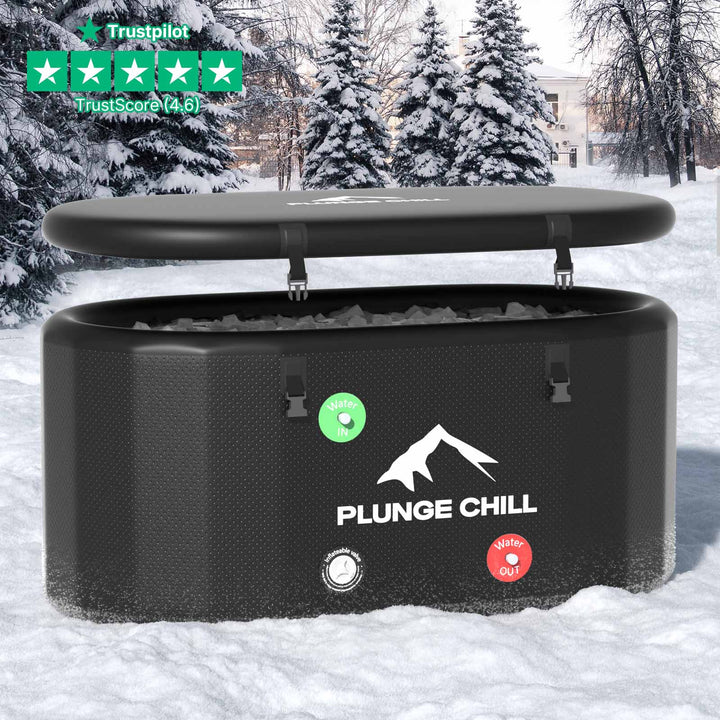 Black inflatable PLUNGE CHILL PRO cold therapy tub and lid, with clear Water IN/OUT labels for easy use.
